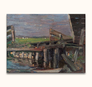Oil painting Oude Brug in Brabant by Piet Mondriaan, depicting a rural waterside scene with a wooden dock and pasture, ideal for modern art enthusiasts.