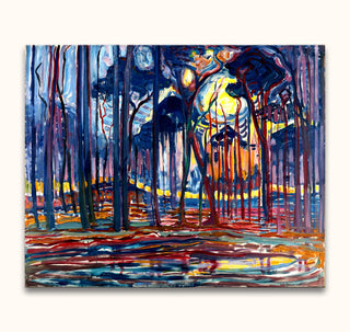 Expressionistic painting 'Bosch bij Oele' by Piet Mondriaan depicting an abstract woodland scene with vibrant, vertical tree trunks and a glowing orb, hand-painted on canvas.