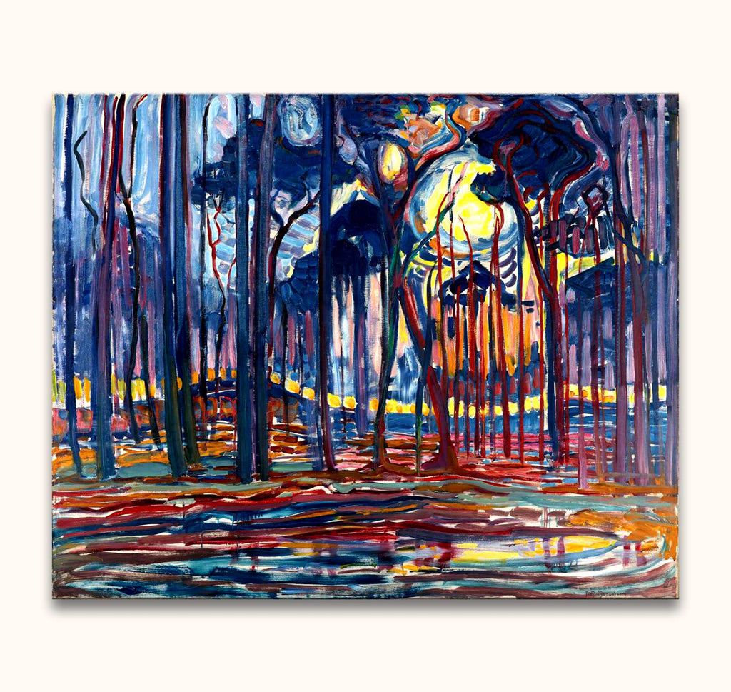 Expressionistic painting 'Bosch bij Oele' by Piet Mondriaan depicting an abstract woodland scene with vibrant, vertical tree trunks and a glowing orb, hand-painted on canvas.