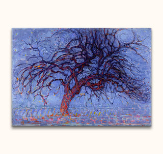Piet Mondriaan's De Rode Boom, a hand-painted oil on canvas, showcases a stylized crimson tree with twisting branches against a luminous blue background.