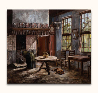 Piet Mondriaan's 'Boerderij-woning' painting depicts a rustic farmhouse interior with a woman by the hearth, exuding cozy, old-world charm in modern art style.