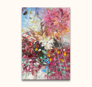 Handgeschilderd schilderij ‘Bloemen uit Saint-Tropez’, met expressieve penseelstreken in warme kleuren. Olieverf op canvas, floraal geïnspireerd, klaar om op te hangen.