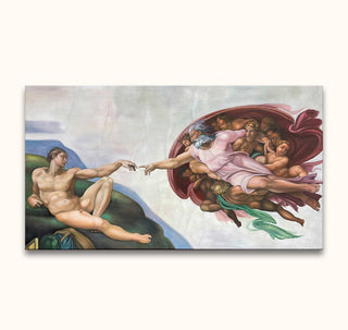 Hand-painted oil painting Leonardo da Vinci - De Schepping, depicting the iconic moment between Adam and God, stretched on a wooden frame, ready to hang.