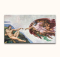 Hand-painted oil painting Leonardo da Vinci - De Schepping, depicting the iconic moment between Adam and God, stretched on a wooden frame, ready to hang.