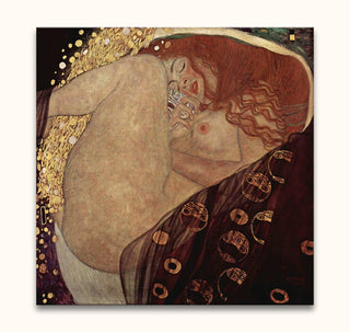 Gustav Klimt's Danaë hand-painted oil artwork, depicting a curled nude woman against a gold-patterned backdrop, showcasing modern palette knife techniques.