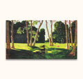 Handgeschilderd olieverfschilderij van een zonovergoten open plek met berkachtige bomen, geïnspireerd door Claude Monet – Ochtend in de Tuin. Geschilderd op museumkwaliteit canvas.
