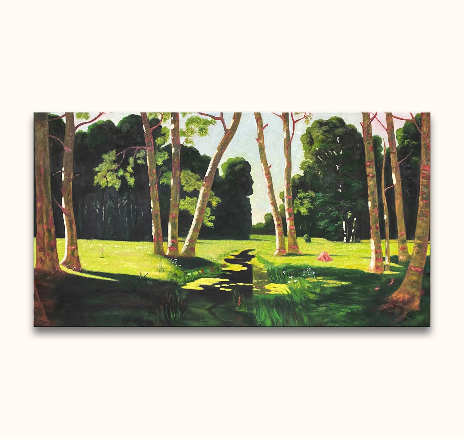 Handgeschilderd olieverfschilderij van een zonovergoten open plek met berkachtige bomen, geïnspireerd door Claude Monet – Ochtend in de Tuin. Geschilderd op museumkwaliteit canvas.