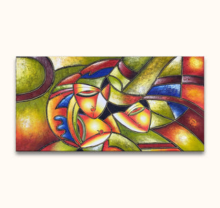 Drie gezichten in een kleurrijk, kubistisch schilderij Na het Bal door Picasso. Expressieve vormen en kleuren, handgeschilderd op hoogwaardig canvas, klaar om op te hangen.