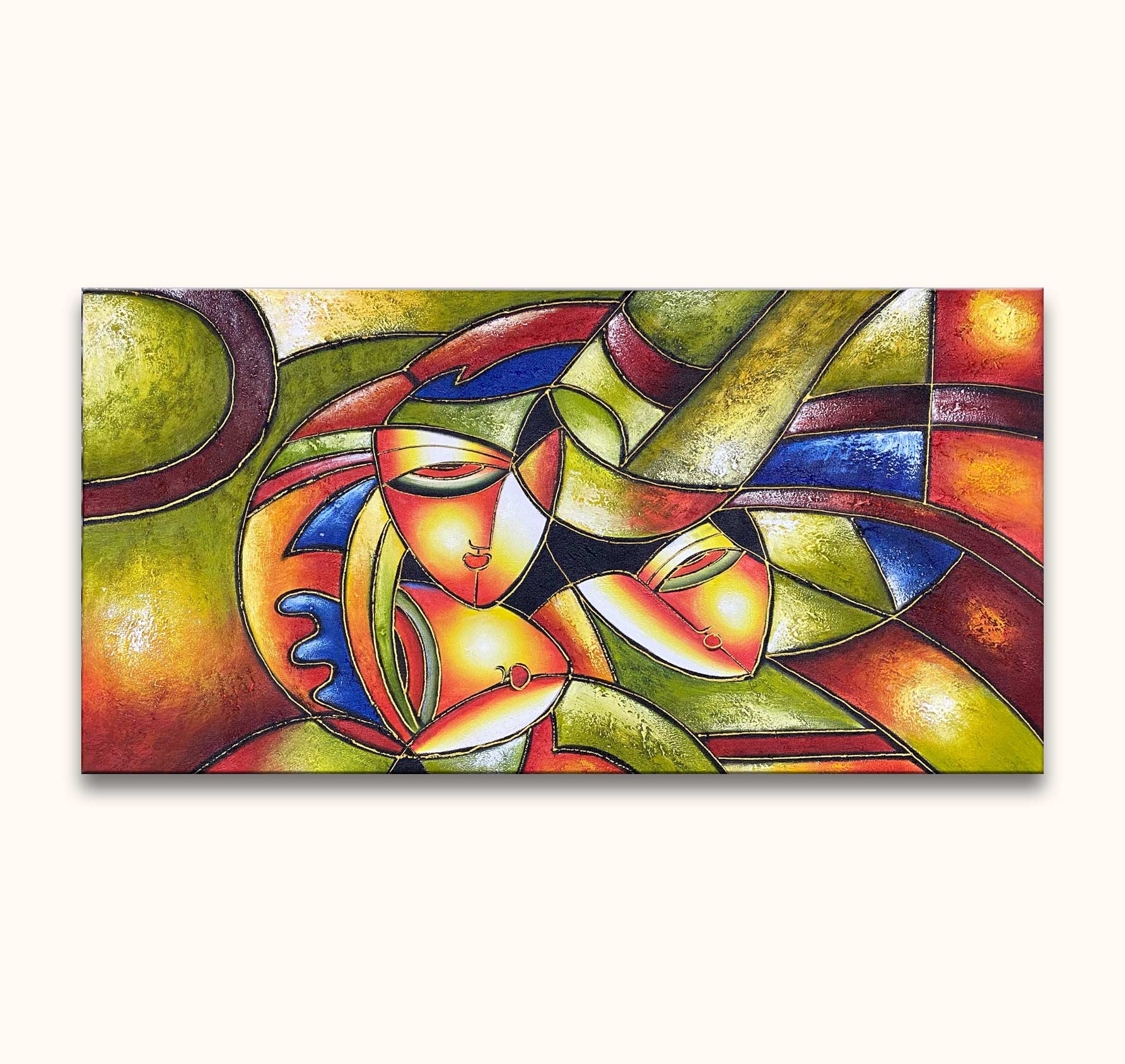 Drie gezichten in een kleurrijk, kubistisch schilderij Na het Bal door Picasso. Expressieve vormen en kleuren, handgeschilderd op hoogwaardig canvas, klaar om op te hangen.