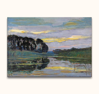 Piet Mondriaan - Boerderij aan de Gein landscape oil painting; serene waterscape with trees, reeds, and silhouetted farmhouses, capturing twilight calm.