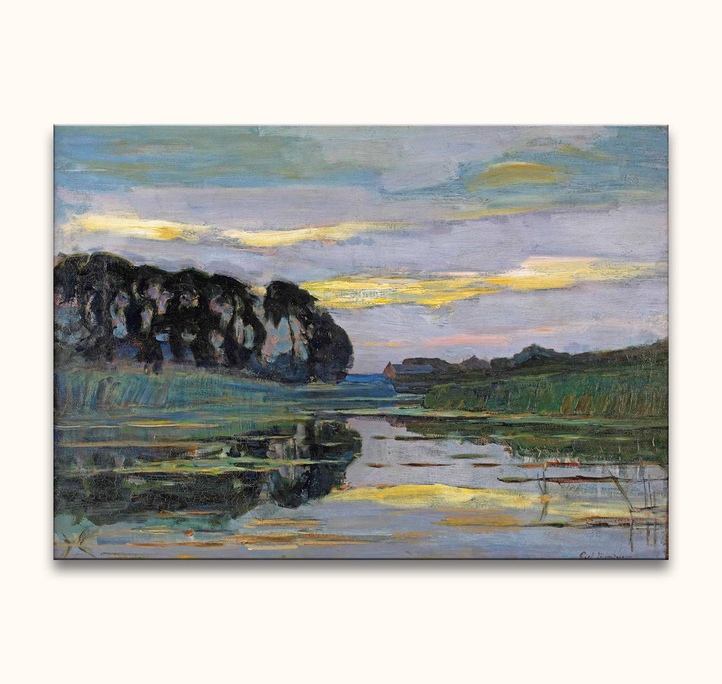Piet Mondriaan - Boerderij aan de Gein landscape oil painting; serene waterscape with trees, reeds, and silhouetted farmhouses, capturing twilight calm.