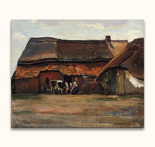 Piet Mondriaan's Brabantse Boerderij oil painting depicts a tranquil farmyard with cows and a farmhand beside a brick barn, capturing rural life.