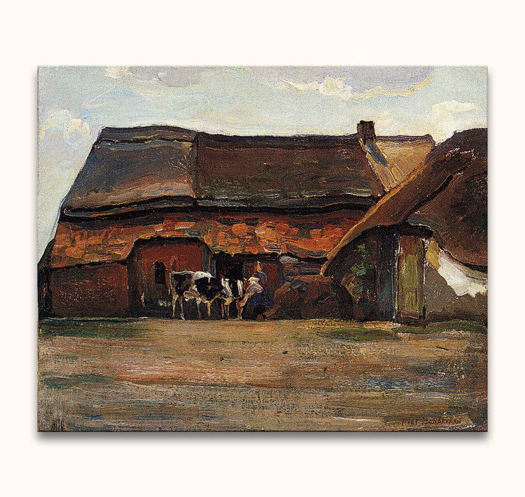 Piet Mondriaan's Brabantse Boerderij oil painting depicts a tranquil farmyard with cows and a farmhand beside a brick barn, capturing rural life.