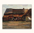 Piet Mondriaan's Brabantse Boerderij oil painting depicts a tranquil farmyard with cows and a farmhand beside a brick barn, capturing rural life.