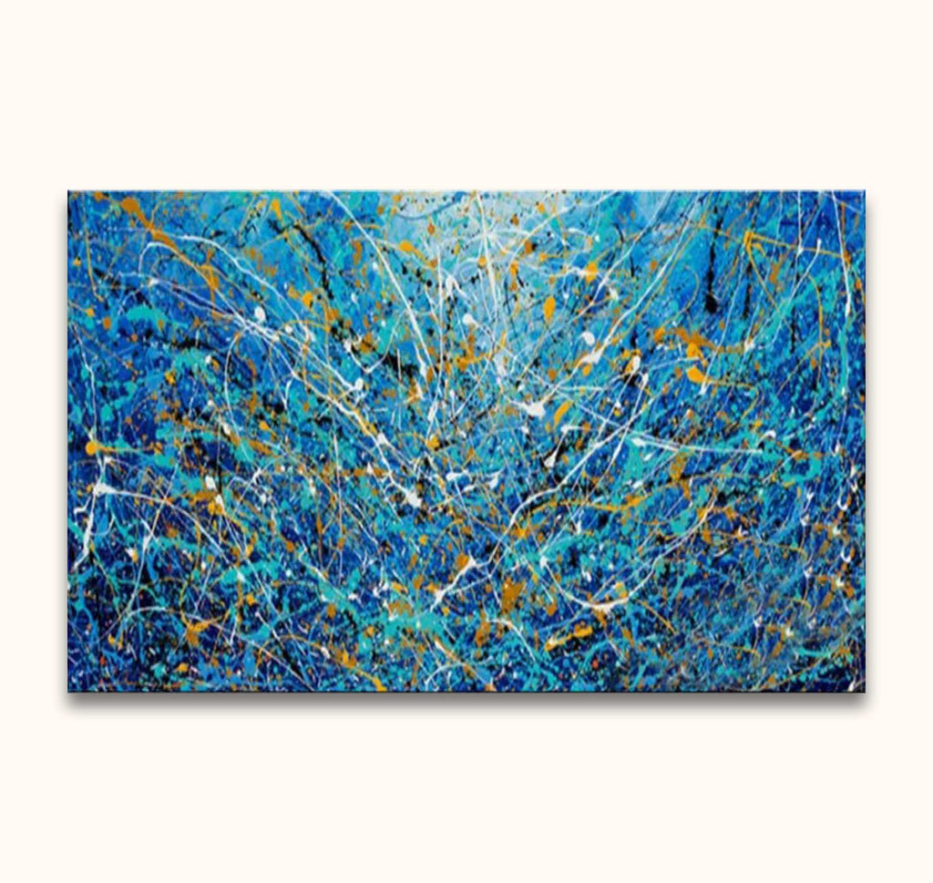 Abstract drip painting Aqua inspired by Jackson Pollock, featuring dynamic blue, white, teal, gold, and black splatters on canvas, ready to hang.