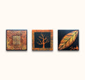 Drie-luik schilderij Ancient Leafs: abstracte bladstructuren op textuurdoeken in koper- en goudtinten, met paletmes geschilderd. Moderne kunst in warme kleuren.