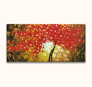 Impasto-style painting titled Esdoorn in Bloei features a red-blossomed tree against a textured golden background. Hand-painted in thick, vibrant oil on acid-free canvas.