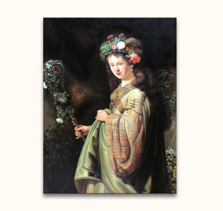 Jonge vrouw met bloemenkroon en staf in 17e-eeuwse stijl, Rembrandt van Rijn – Flora. Handgeschilderd olieverfschilderij, geïnspireerd door barokke portretkunst.