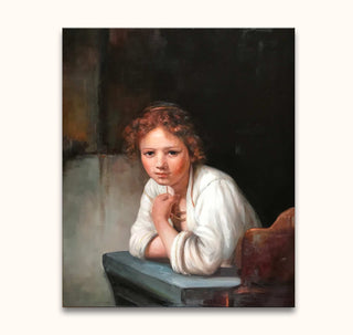 Rembrandt van Rijn – Meisje in het Raam: Klassiek olieverfschilderij van een jong meisje, leunend op een vensterbank, in realistische barokstijl. Geschilderd op zuurvrij canvas.