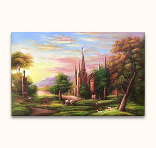 Thomas Cole's 'The Return': Romantisch olieverfschilderij met gotische kathedraal, ruiters en dieren in een idyllisch landschap, opgehangen zonder lijst, UV-beschermd doek.