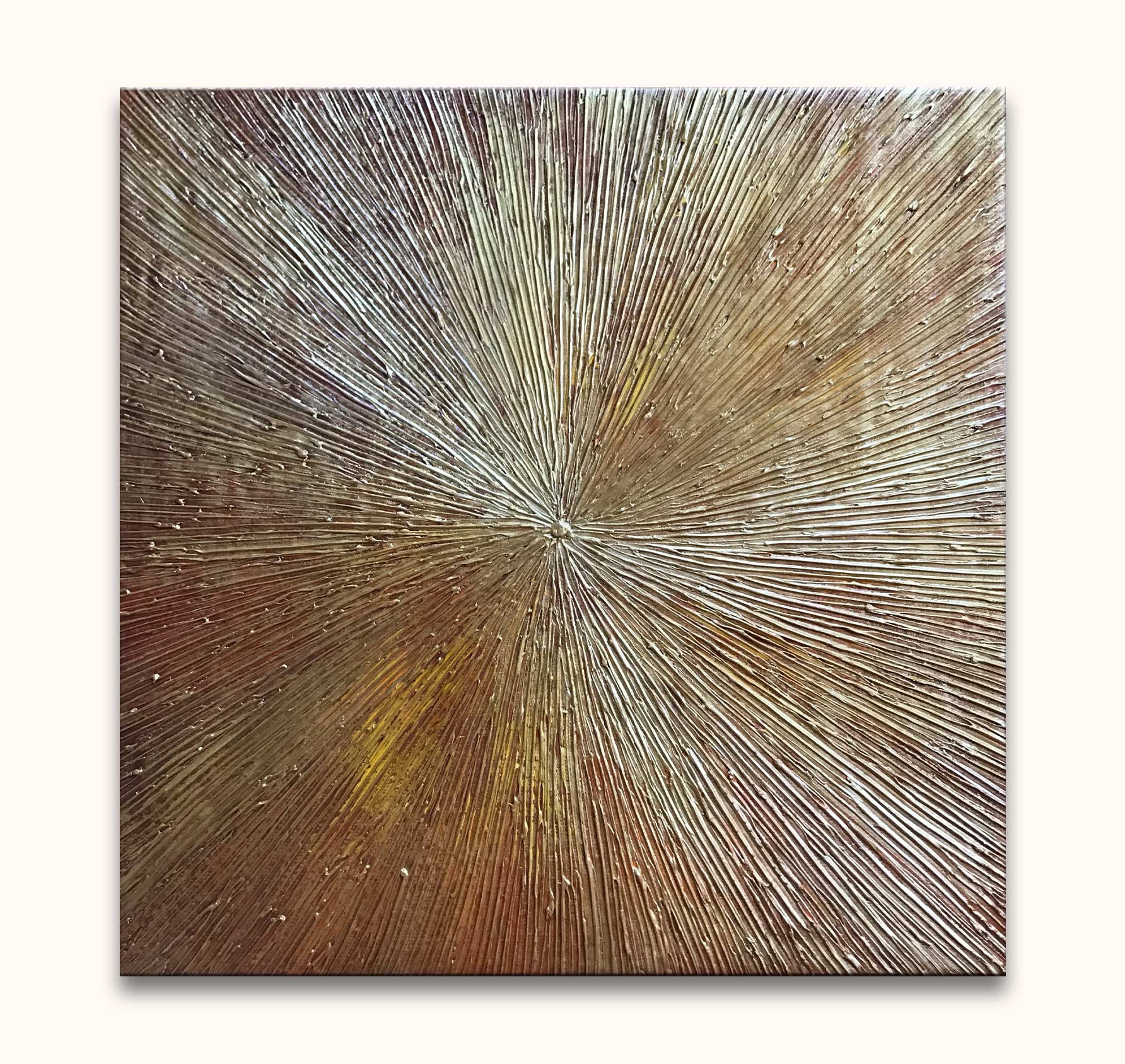Handgeschilderd schilderij Sterrelicht - Acrylverf op canvas met stralend reliëfdesign, warm metalen tinten. Geschikt voor moderne interieurs, direct ophangbaar, zonder lijst nodig.