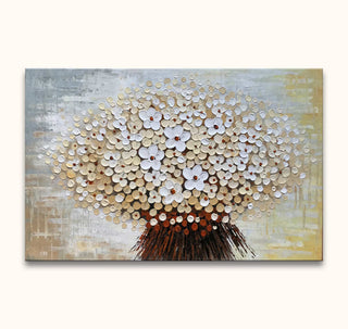 Witte Bloemen – Dikke olieverf op canvas: Handgeschilderd bloemstuk met textuur, impasto stijlen, op rustieke achtergrond. Klaar om op te hangen, geen lijst nodig.