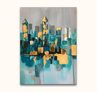 Schilderij Gouden Stad toont een abstracte skyline met goudaccenten en waterreflectie, handgeschilderd op canvas. Perfect voor moderne kunstliefhebbers.