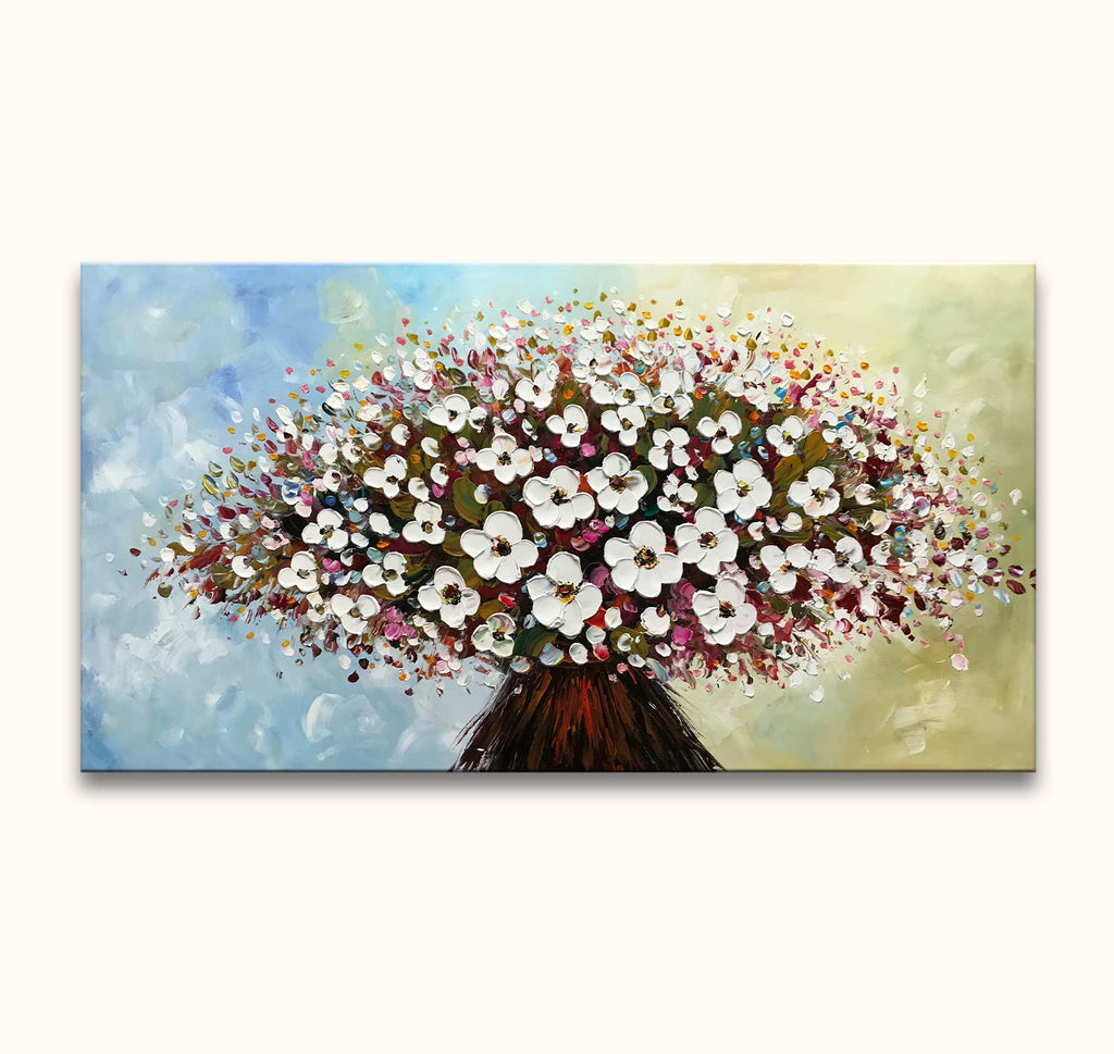 Wit Roze Bloemen: Impressionistisch schilderij met dikke olieverf, toont weelderige witte bloemen in een bruine vaas. Geschilderd op museumkwaliteit canvas, zonder lijst nodig.