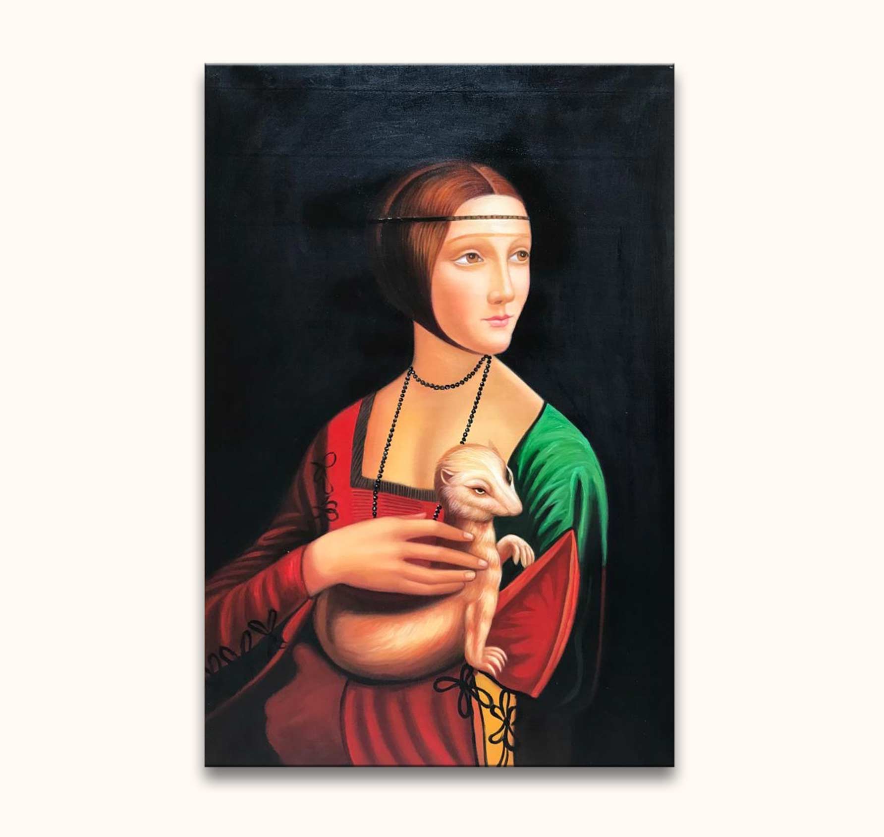 Leonardo Da Vinci - Dame met Hermelijn: Een jonge vrouw in renaissancistische jurk met een witte hermelijn, handgeschilderd op hoogwaardig canvas met professioneel olieverf.