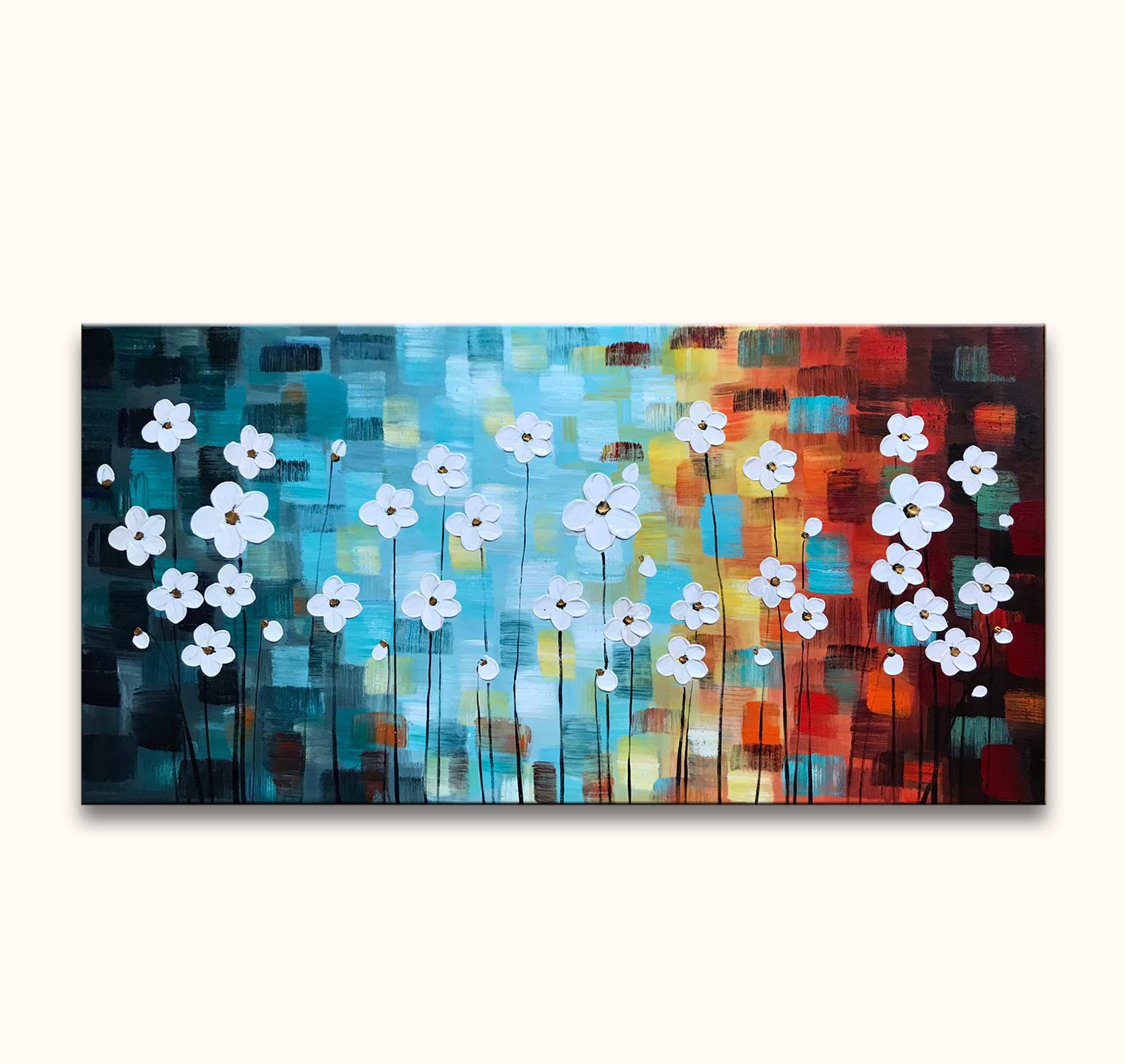 Witte Bloementuin - Dikke olieverf op canvas: Stijlvolle witte bloemen op een kleurrijke, kubistische achtergrond. Geschilderd met paletmes, ideaal voor liefhebbers van moderne natuurkunst.