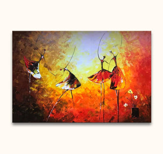 Vier danseressen in abstracte stijl met zwierende rokken, geschilderd met paletmes op canvas. Olieverfkunstwerk, klaar om op te hangen.