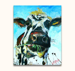 Cow painting on canvas (70x100cm) features a black-and-white cow with grass in its mouth, using expressive brushwork. Ideal for animal art enthusiasts.