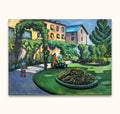 August Macke's Leraren in de Tuin: kind en vrouw in zonovergoten tuin, fauvistische stijl, geschilderd op canvas. Kunstwerk voor interieurdecoratie, direct ophangbaar.