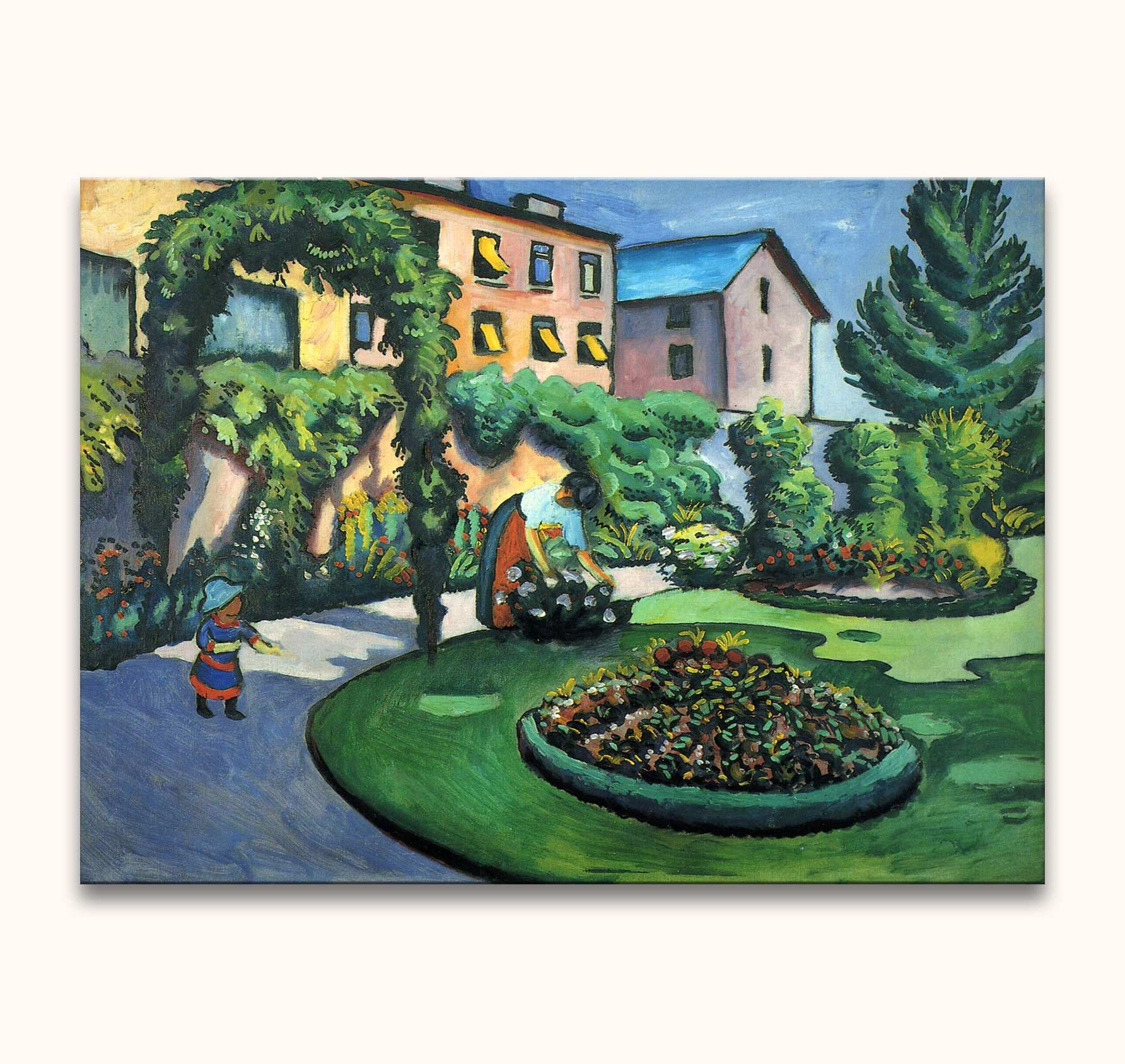 August Macke's Leraren in de Tuin: kind en vrouw in zonovergoten tuin, fauvistische stijl, geschilderd op canvas. Kunstwerk voor interieurdecoratie, direct ophangbaar.