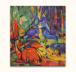 Franz Marc's Foxes reproduction: two stylized foxes in a cubist forest, hand-painted on canvas. Ideal for expressive modern art enthusiasts. Ready to hang.