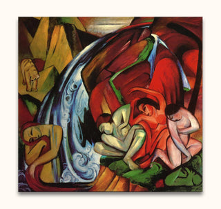 Franz Marc – De Waterval: Expressionist-style painting with reclining figures, a cascading stream, and abstract animal forms. Hand-painted on canvas, ready to hang.