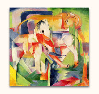 Cubist-style oil painting by Franz Marc titled De Dierentuin, featuring an abstract deer-like figure in vibrant, interlocking colors. Ideal for modern art enthusiasts.