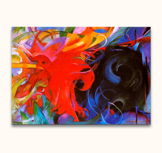 Abstract painting by Franz Marc, Het Gevecht: dynamic red-orange flames contrasting with a deep black spiral, vibrant ribbons of color convey energy and tension.