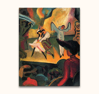 Expressionist painting by August Macke of a theatre scene with two dancers embracing on stage, observed by a clown-like figure, framed by vivid brushstrokes.