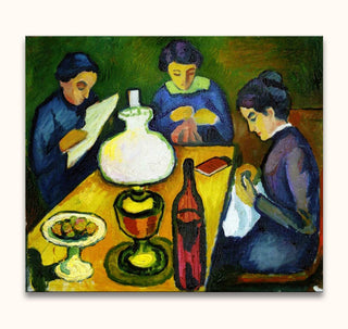 August Macke's Drie Vrouwen aan Tafel: three women engaged in quiet tasks around a table with an oil lamp, fruit dish, and book. Hand-painted, ready to hang.