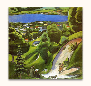 August Macke's De Vallei: A vibrant landscape painting featuring a lakeside village, hills, and figures, perfect for lovers of modern, expressive art.