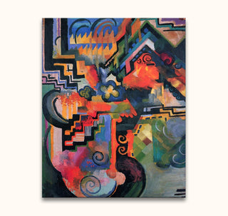 Abstract painting titled August Macke – De Hommage, featuring vibrant colors, geometric patterns, and organic shapes. Hand-painted on museum-quality canvas, ready to hang.