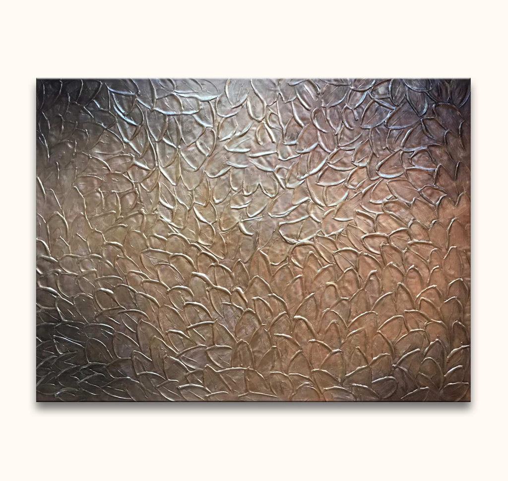 Goudbladeren - Olieverf op canvas: abstract schilderij met gouden bladtextuur in warme metallic tinten, geschilderd met paletmes op museumkwaliteit canvas, klaar om op te hangen.
