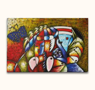 Kubistisch schilderij Winter met Serafina toont een gefragmenteerd gezicht, vogels, een vlinder en bladeren. Handgeschilderd olieverfwerk in Picasso-stijl.