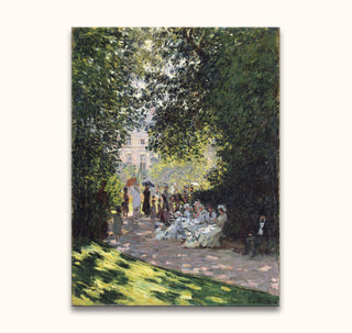 Claude Monet – Park Monceau, impressionistisch olieverfschilderij van een zonovergoten tuinpad met elegante figuren en parasols, perfect voor romantische kunstliefhebbers.