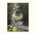Claude Monet – Park Monceau, impressionistisch olieverfschilderij van een zonovergoten tuinpad met elegante figuren en parasols, perfect voor romantische kunstliefhebbers.
