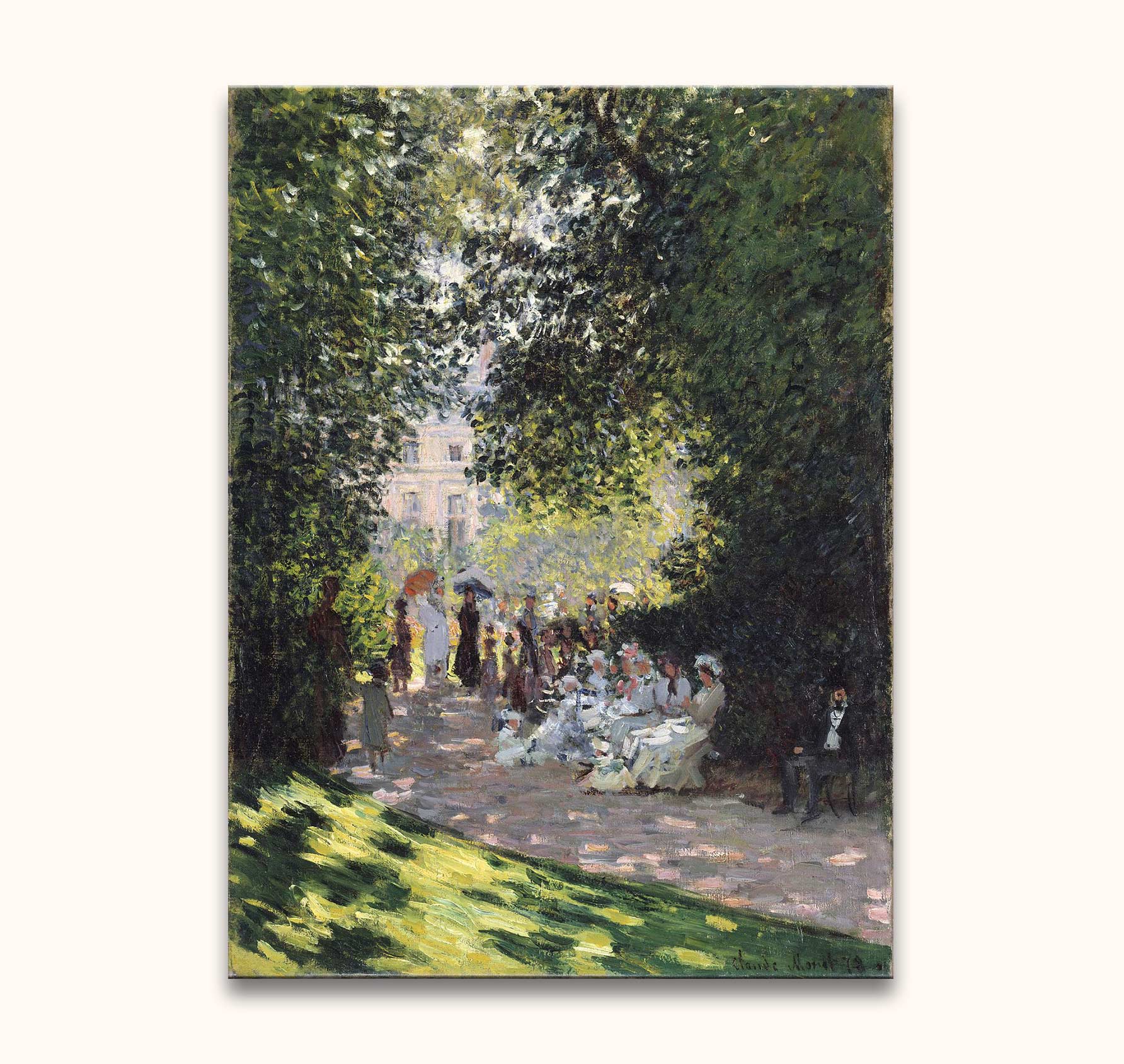 Claude Monet – Park Monceau, impressionistisch olieverfschilderij van een zonovergoten tuinpad met elegante figuren en parasols, perfect voor romantische kunstliefhebbers.
