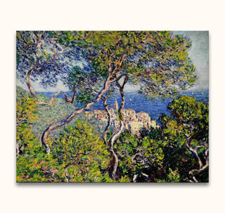 Claude Monet's Bordighera oil painting, 80x63cm, features a Mediterranean shoreline through pine trees. Hand-painted on museum-quality canvas, ready to hang.
