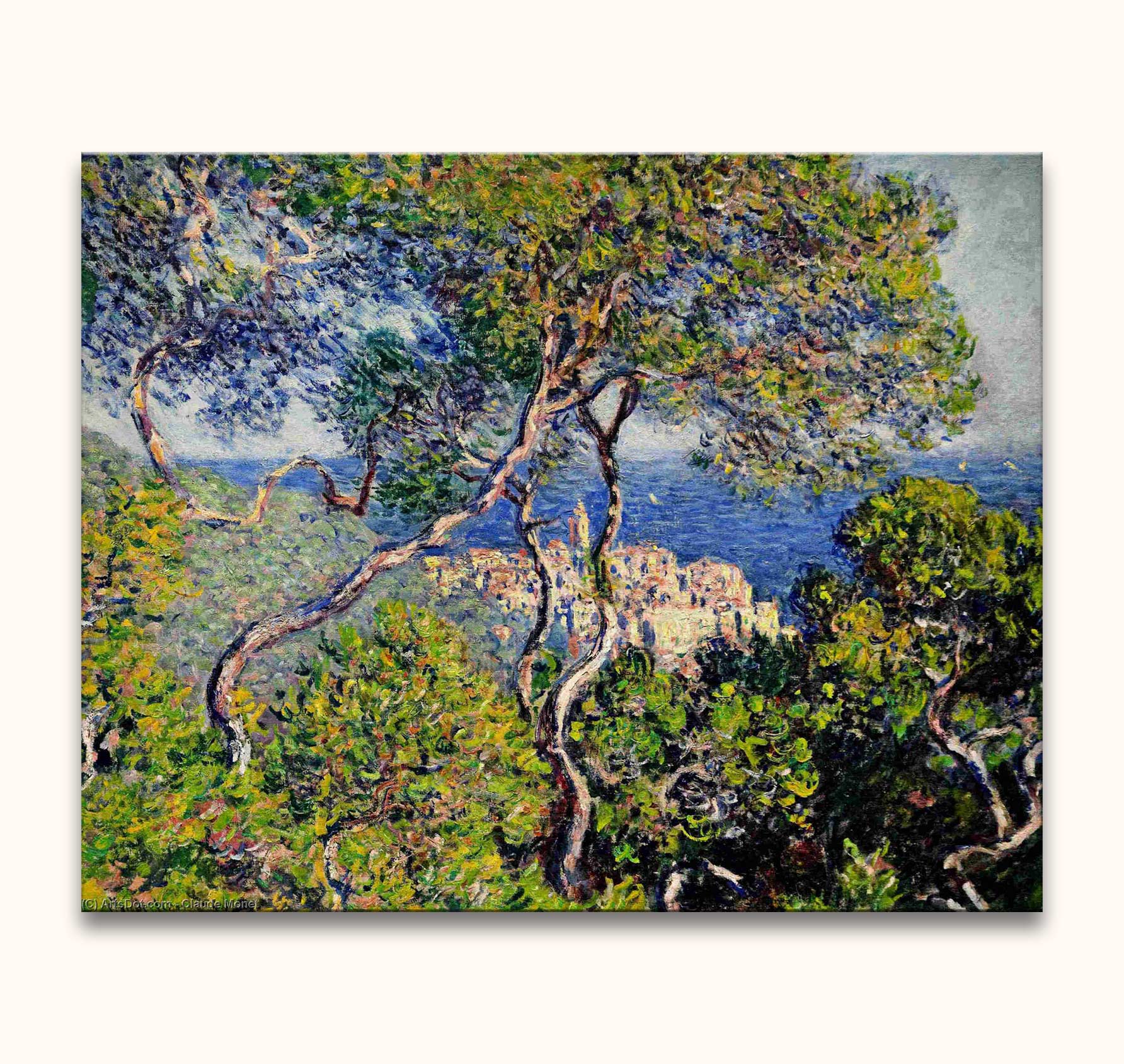 Claude Monet's Bordighera oil painting, 80x63cm, features a Mediterranean shoreline through pine trees. Hand-painted on museum-quality canvas, ready to hang.