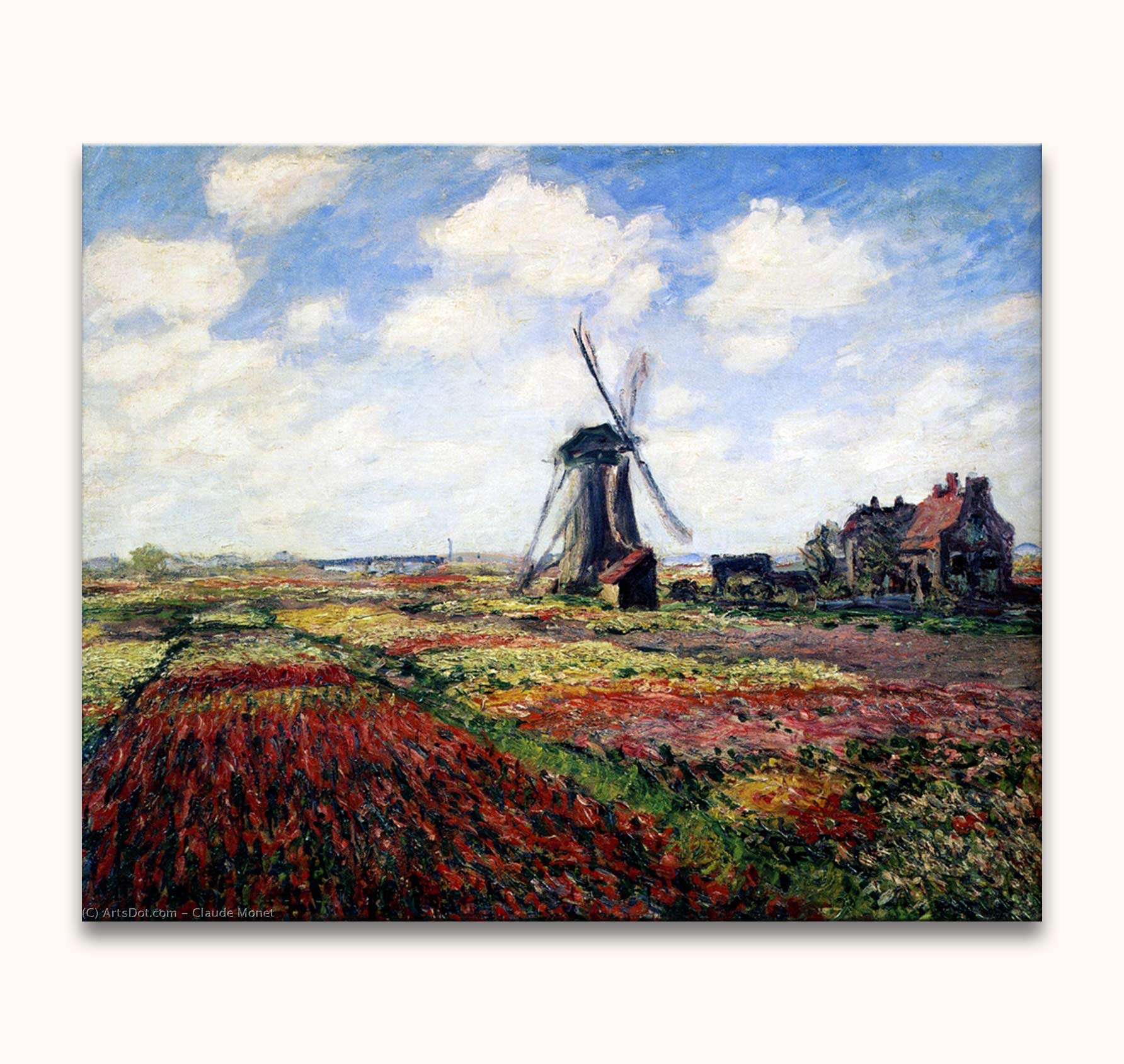 Claude Monet – Molen in Bloemenveld: Impressionistisch olieverfschilderij van tulpenvelden met een windmolen en boerderij, handgeschilderd op museumkwaliteit canvas, klaar om op te hangen.